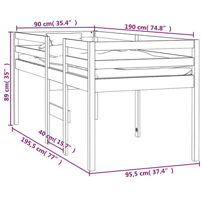 High Sleeper Bed without Mattress White 90x190 cm Solid Wood Pine