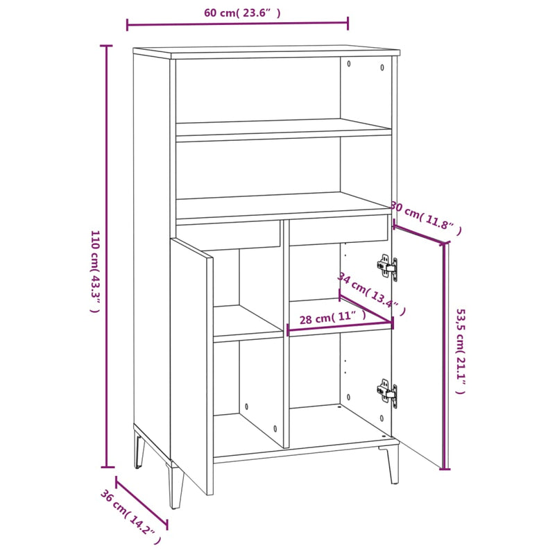 Highboard High Gloss White 60x36x110 cm Engineered Wood