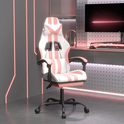 Gaming Chair with Footrest White and Pink Faux Leather