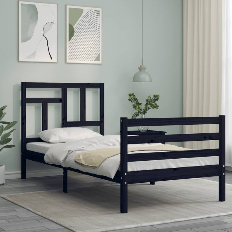 Bed Frame with Headboard Black 92x187 cm Single Size Solid Wood