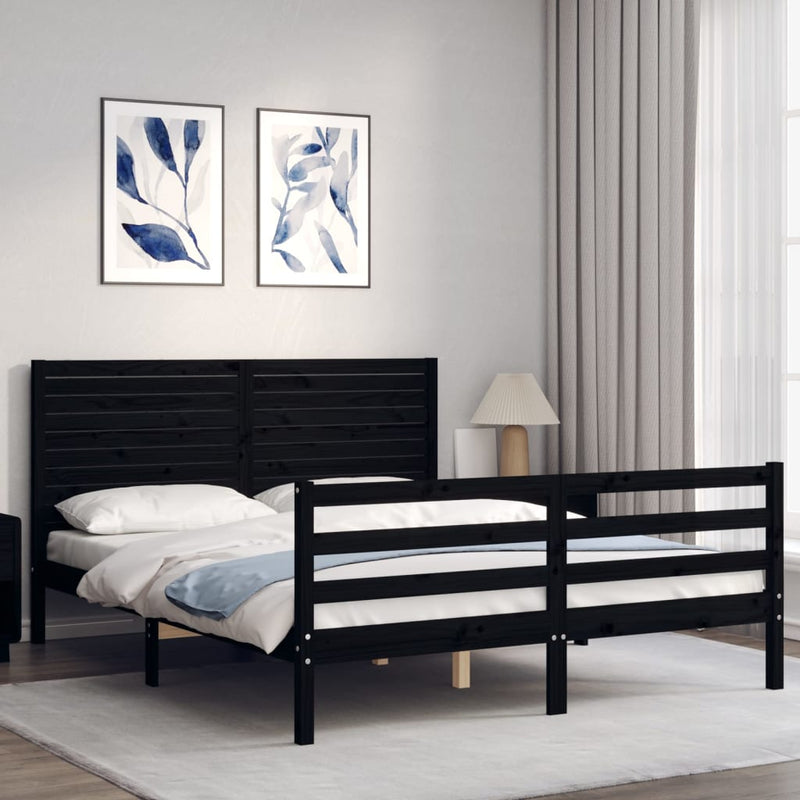 Bed Frame with Headboard Black 153x203 cm Queen Solid Wood