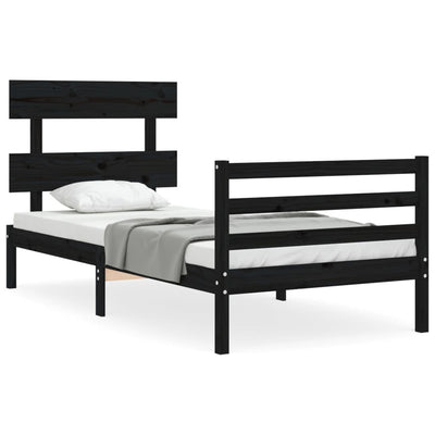 Bed Frame with Headboard Black 92x187 cm Single Size Solid Wood