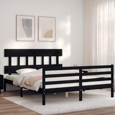 Bed Frame with Headboard  Black 153x203 cm Queen Solid Wood