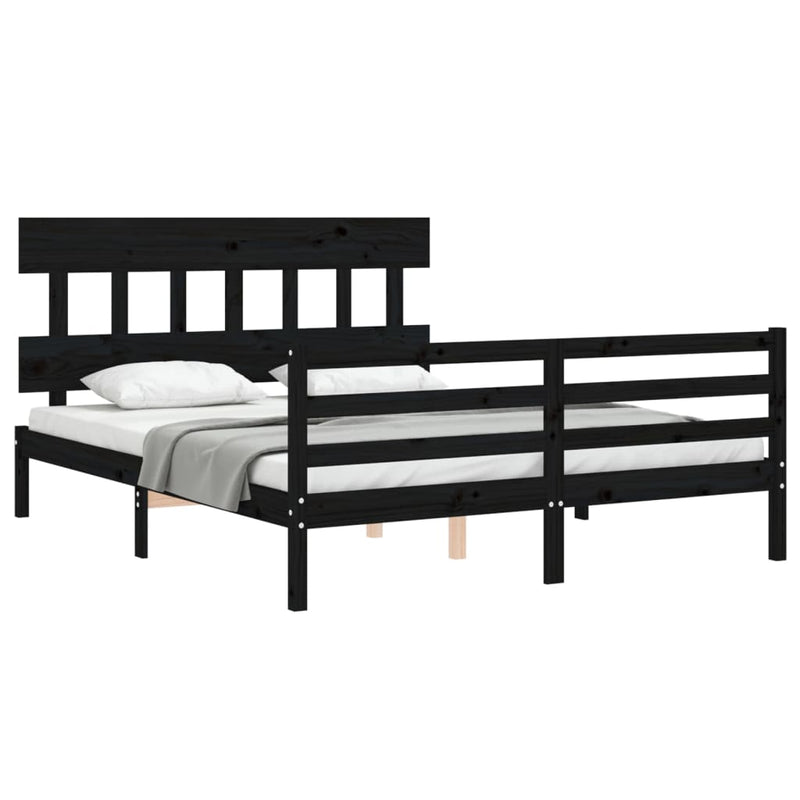 Bed Frame with Headboard  Black 153x203 cm Queen Solid Wood