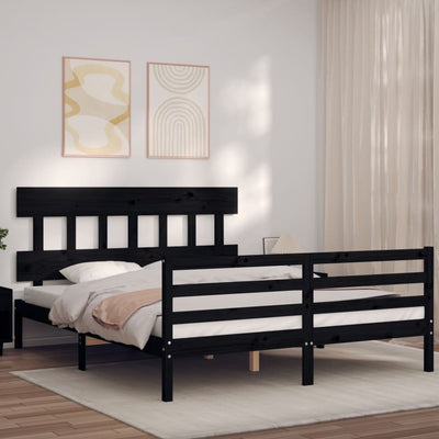 Bed Frame with Headboard  Black 153x203 cm Queen Solid Wood