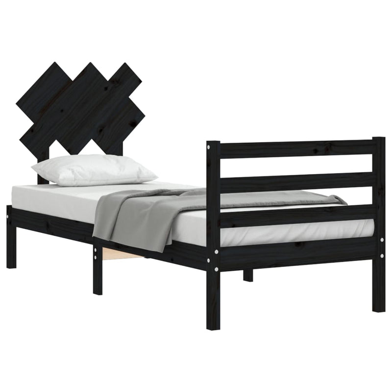 Bed Frame with Headboard Black 92x187 cm Single Size Solid Wood