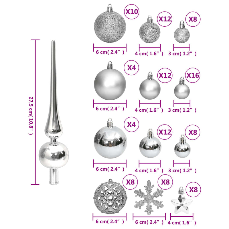 111 Piece Christmas Bauble Set Silver Polystyrene