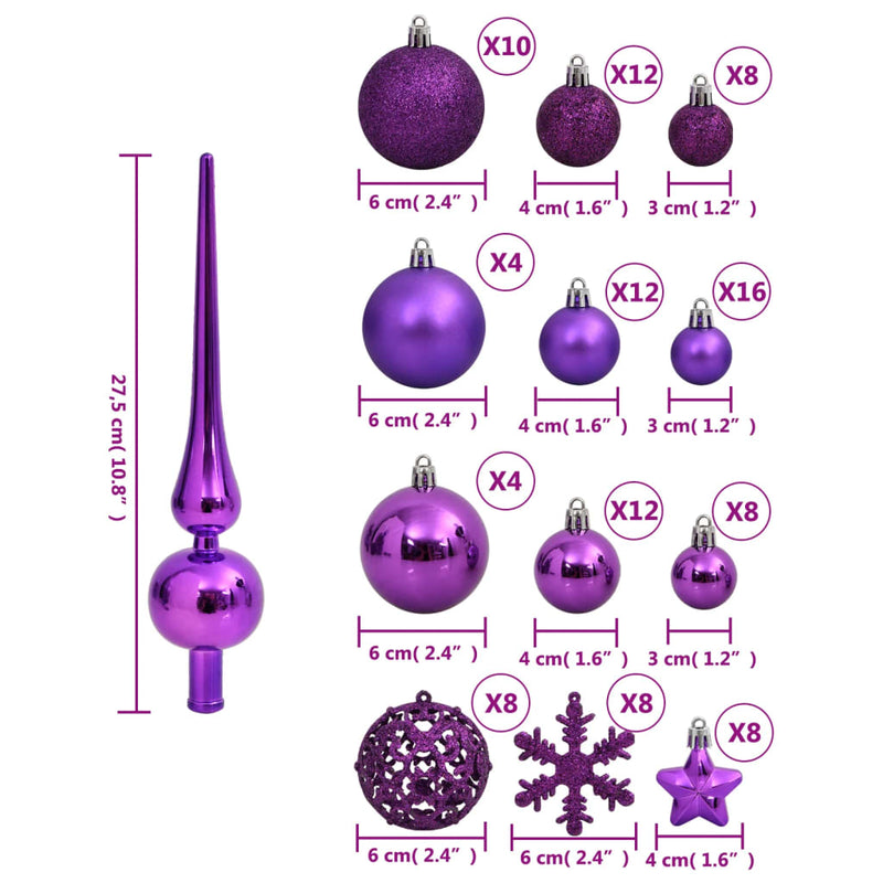 111 Piece Christmas Bauble Set Purple Polystyrene