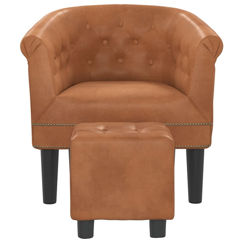 Tub Chair with Footstool Brown Faux Leather