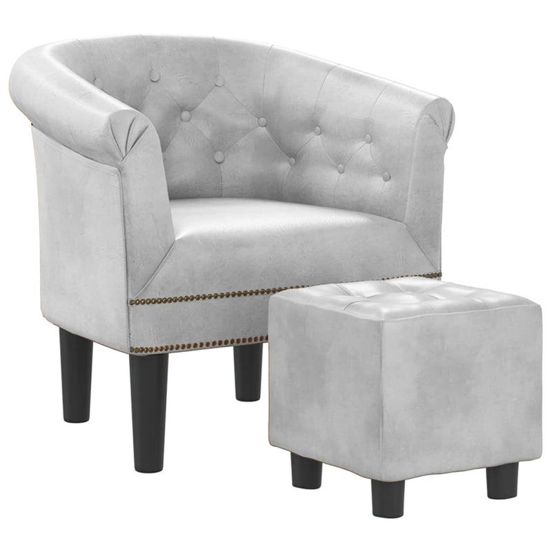 Tub Chair with Footstool Silver Faux Leather