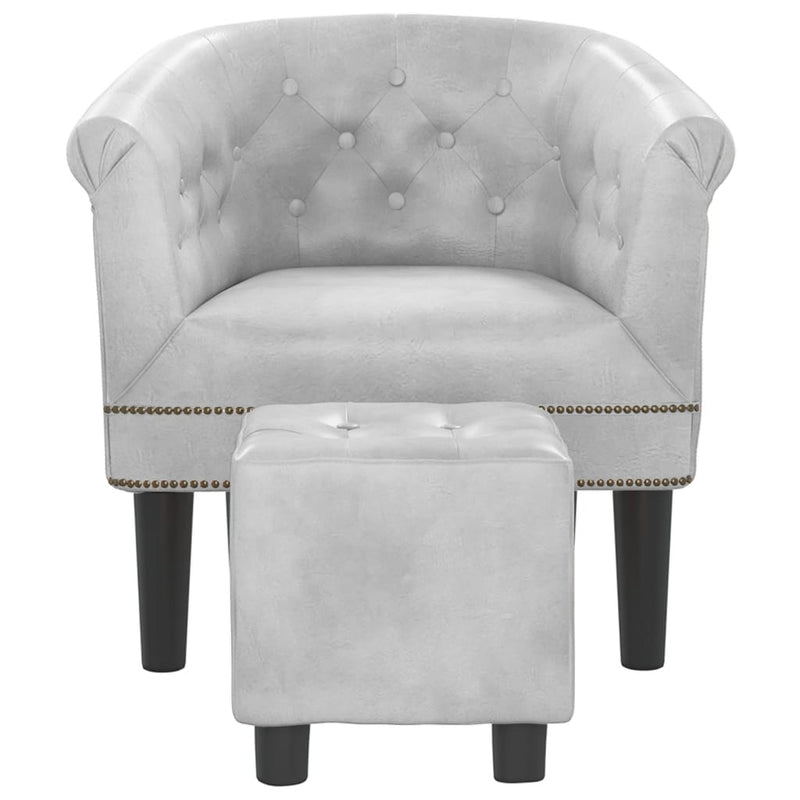 Tub Chair with Footstool Silver Faux Leather