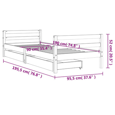 Kids Bed Frame with Drawers White 90x190 cm Solid Wood Pine