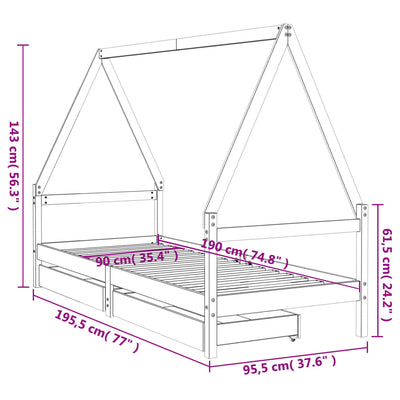 Kids Bed Frame with Drawers White 90x190 cm Solid Wood Pine