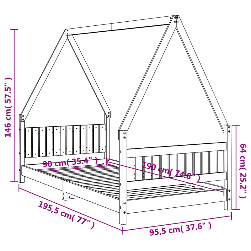 Kids Bed Frame White 90x190 cm Solid Wood Pine