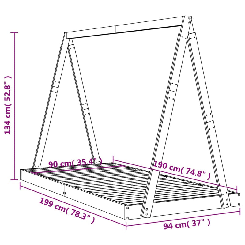 Kids Bed Frame Black 90x190 cm Solid Wood Pine