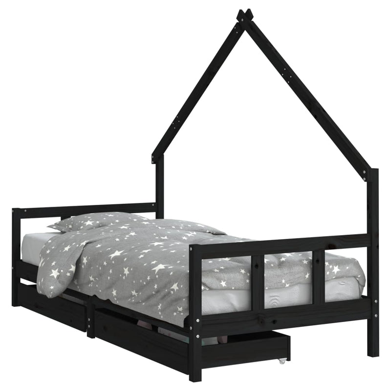 Kids Bed Frame with Drawers Black 90x190 cm Solid Wood Pine