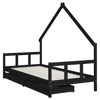 Kids Bed Frame with Drawers Black 90x190 cm Solid Wood Pine