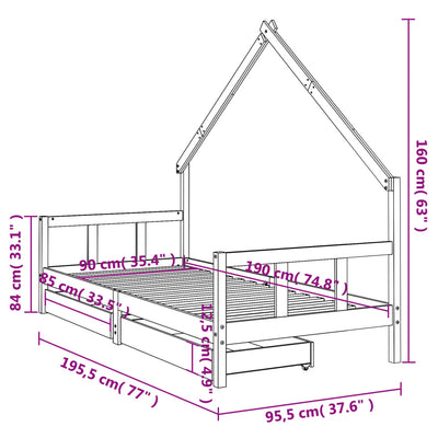 Kids Bed Frame with Drawers Black 90x190 cm Solid Wood Pine