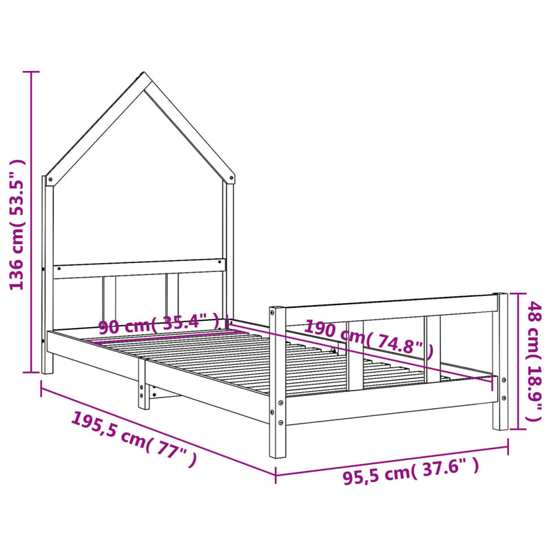 Kids Bed Frame 92x187 cm Single Solid Wood Pine