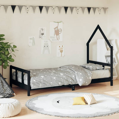 Kids Bed Frame Black 92x187 cm Single Solid Wood Pine