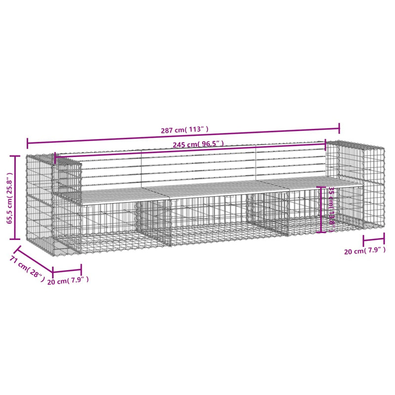 Garden Bench Gabion Design 287x71x65.5 cm Solid Wood Pine