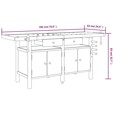 Workbench with Drawers and Vices 192x62x83 cm Solid Wood Acacia