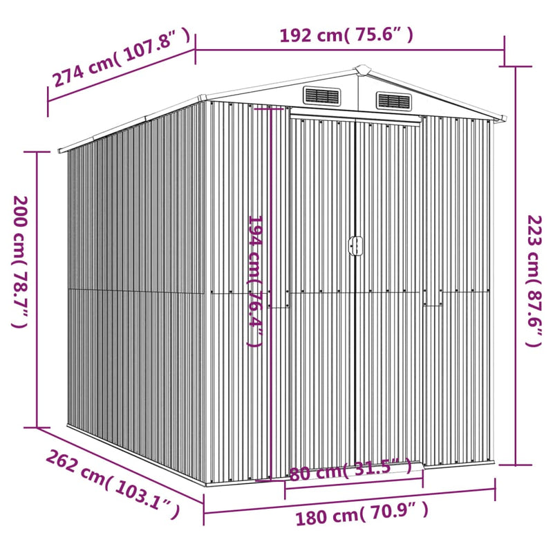 Garden Shed Light Grey 192x274x223 cm Galvanised Steel