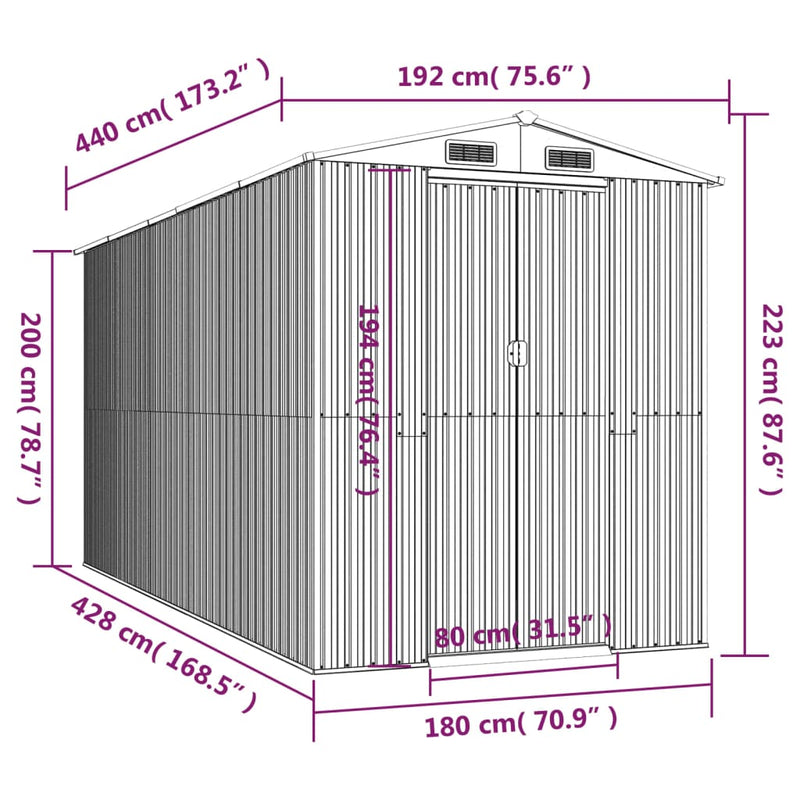 Garden Shed Anthracite 192x440x223 cm Galvanised Steel