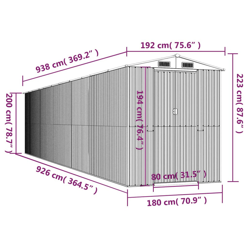 Garden Shed Anthracite 192x938x223 cm Galvanised Steel