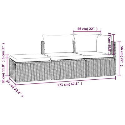 3 Piece Garden Lounge Set with Cushions Grey Poly Rattan