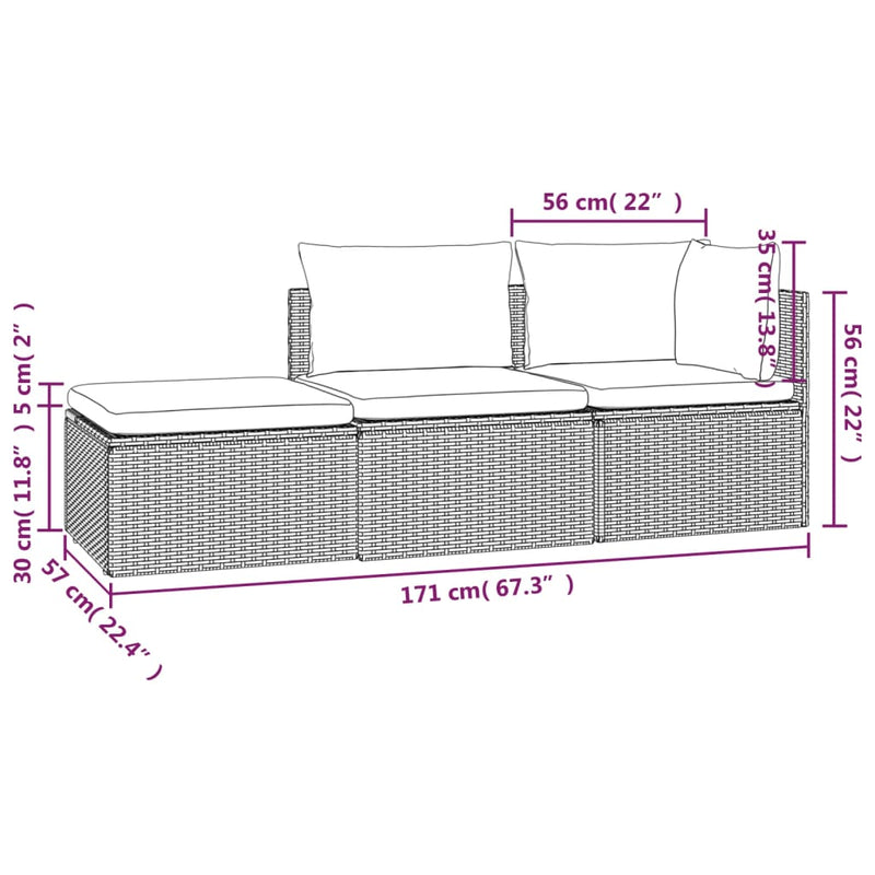 3 Piece Garden Lounge Set with Cushions Grey Poly Rattan