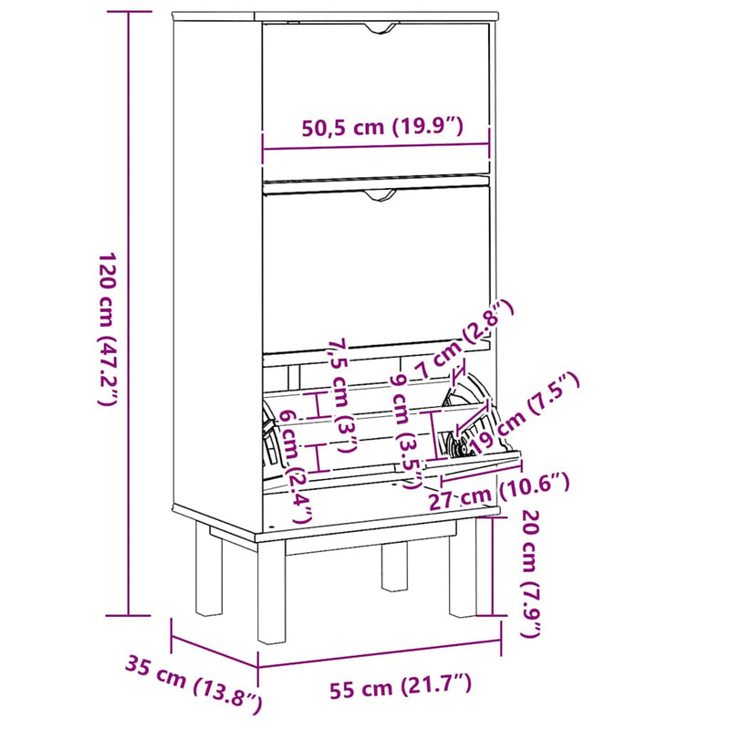 Shoe Cabinet OTTA with 3 Drawers Brown Solid Wood Pine