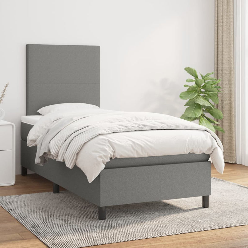 Box Spring Bed with Mattress Dark Grey 106x203 cm King Single Size Fabric