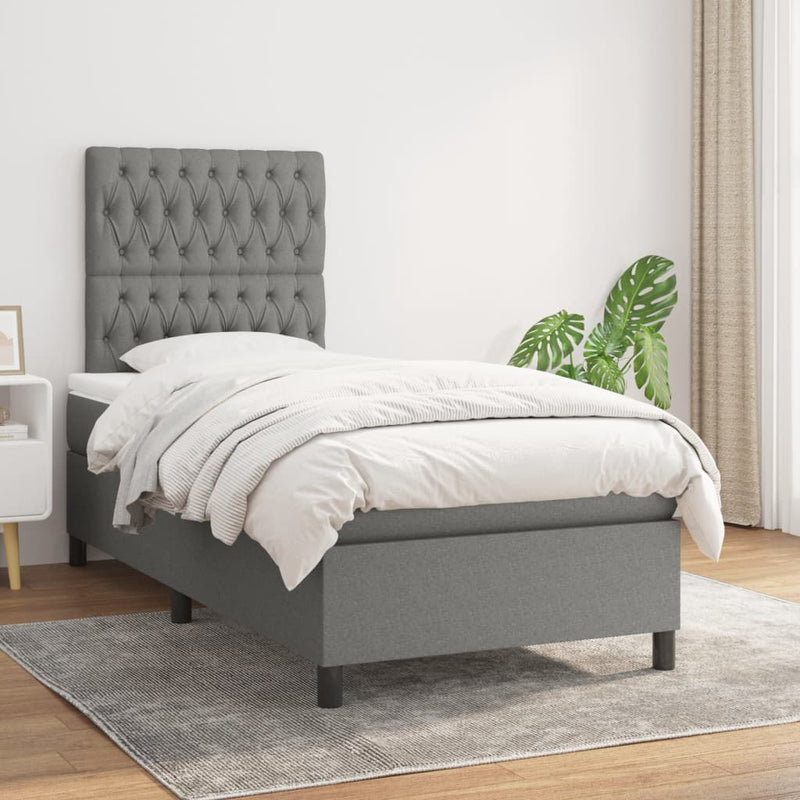 Box Spring Bed with Mattress Dark Grey 106x203 cm King Single Size Fabric