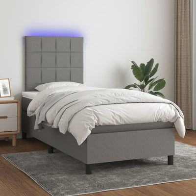 Box Spring Bed with Mattress&LED Dark Grey 106x203 cm King Single Size Fabric