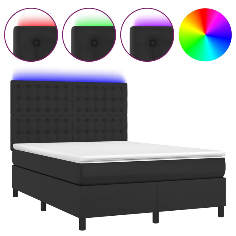 Box Spring Bed with Mattress&LED Black 137x187 cm Double Size Faux Leather