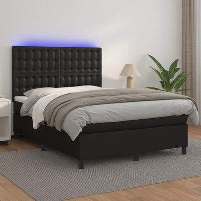 Box Spring Bed with Mattress&LED Black 137x187 cm Double Size Faux Leather