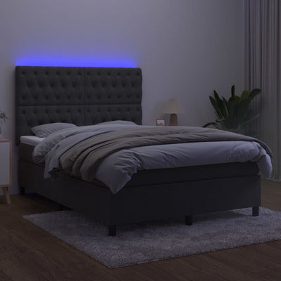 Box Spring Bed with Mattress&LED Dark Grey 137x187 cm Double Size Velvet