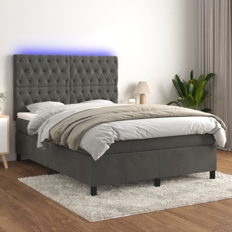 Box Spring Bed with Mattress&LED Dark Grey 137x187 cm Double Size Velvet