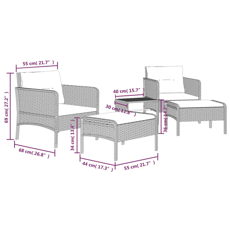 5 Piece Garden Lounge Set with Cushions Grey Poly Rattan