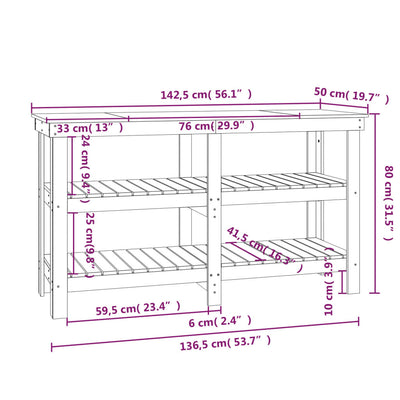 Work Bench White 142.5x50x80 cm Solid Wood Pine