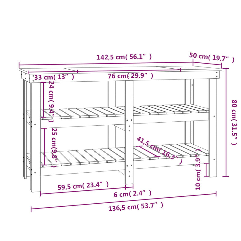 Work Bench White 142.5x50x80 cm Solid Wood Pine