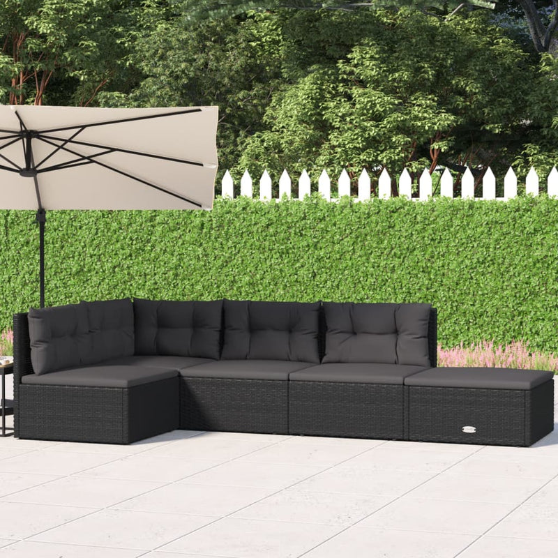 5 Piece Garden Lounge Set with Cushions Black Poly Rattan