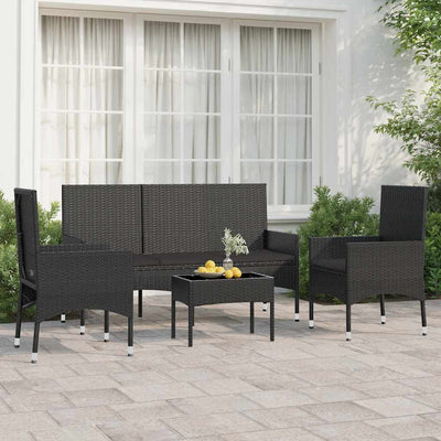 4 Piece Garden Lounge Set with Cushions Black Poly Rattan