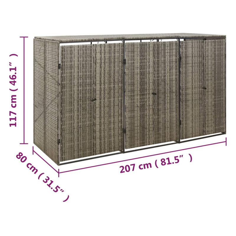 Triple Wheelie Bin Shed Grey 207x80x117 cm Poly Rattan