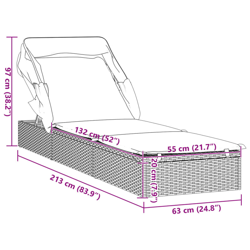 Sunbed with Foldable Roof Grey 213x63x97 cm Poly Rattan