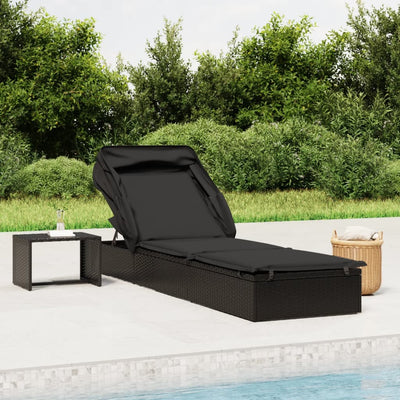 Sunbed with Foldable Roof Black 213x63x97 cm Poly Rattan