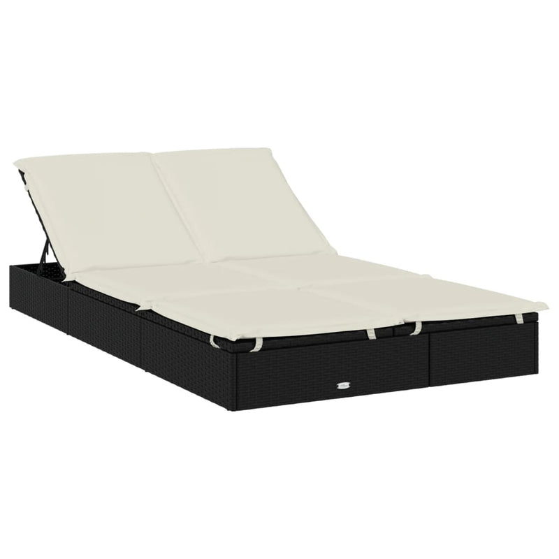 2-Person Sunbed with Cushions Black Poly Rattan