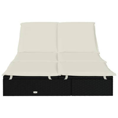 2-Person Sunbed with Cushions Black Poly Rattan