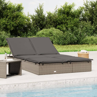 2-Person Sunbed with Cushions Grey Poly Rattan